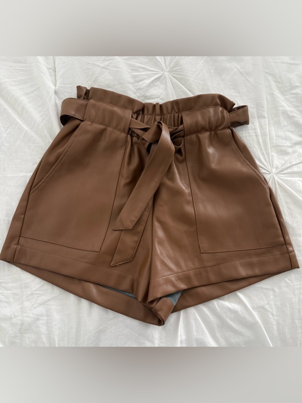 Olivaceous High-Rise Brown Faux-Leather Paperbag Shorts with Tie Belt